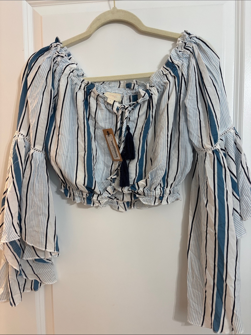 Surf Gypsy Blue and White Striped Off-Shoulder Peasant Blouse